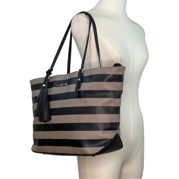 Nine West Taupe & Black Striped Faux Leather Black Tassel Detail Tote Bag Sz L - Picture 1 of 14